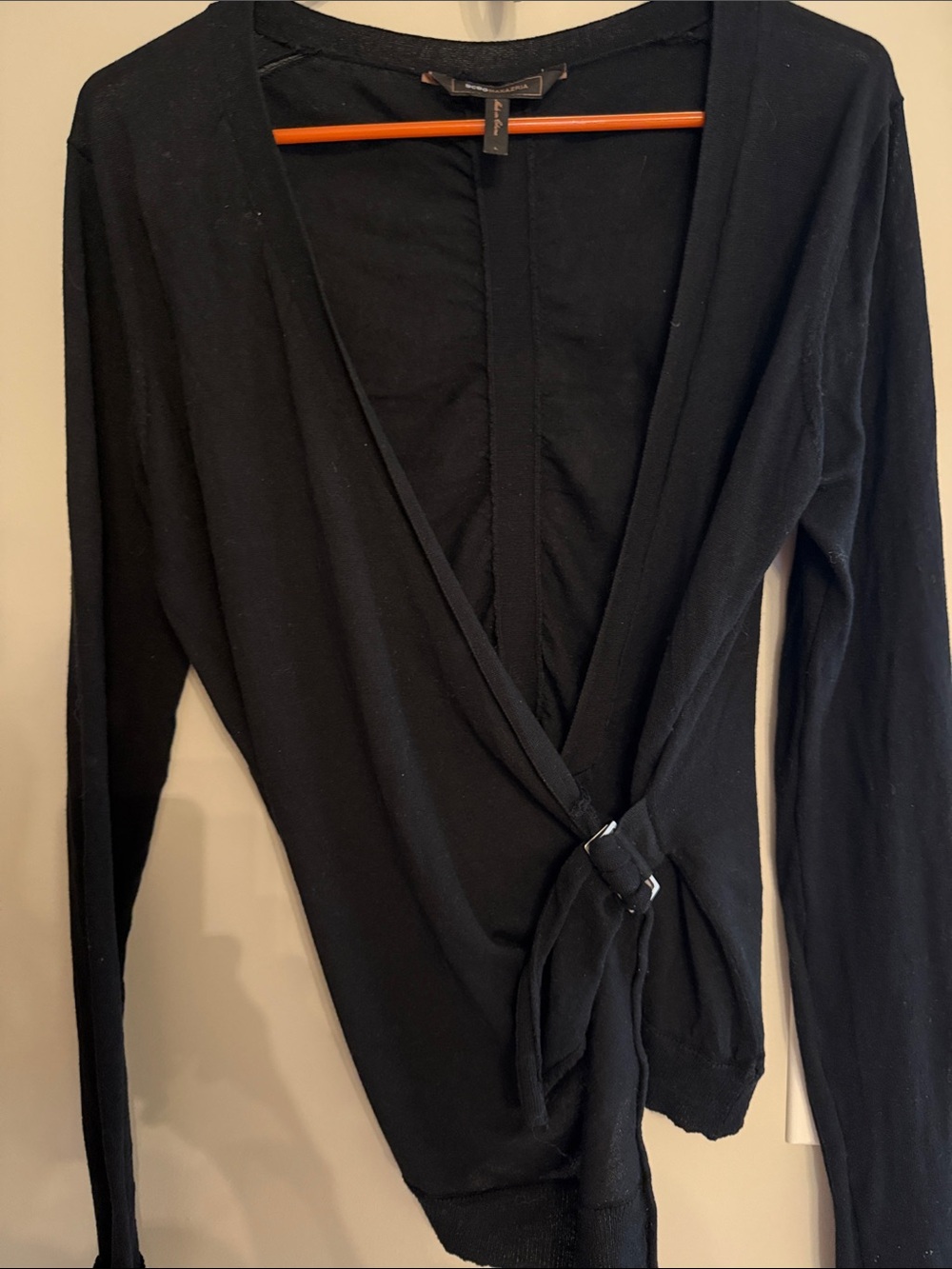 BCBGMAXAZRIA Wrap-Front Long Sleeve Top - Black SILK CASHMERE blend size L